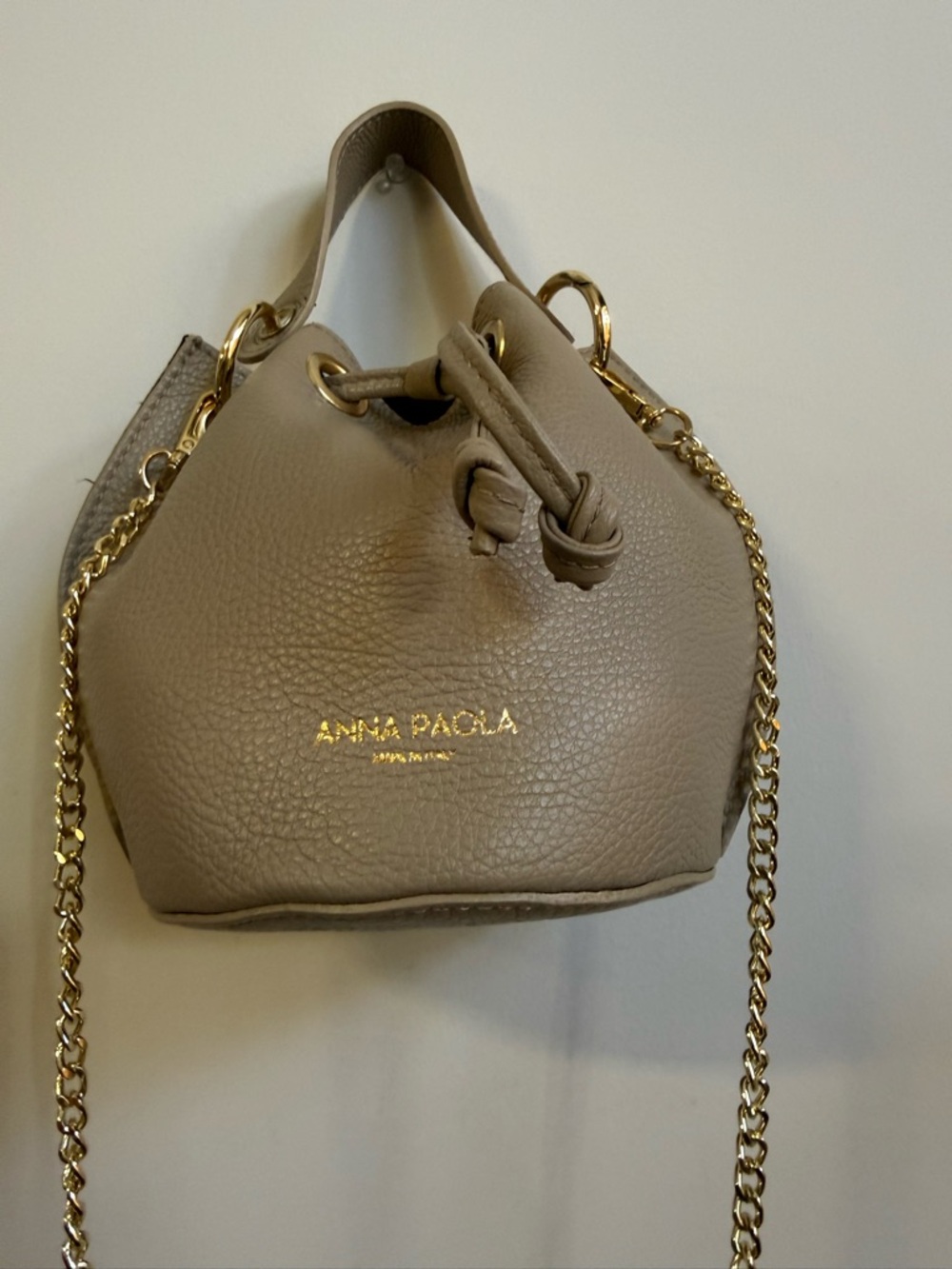 ANNA PAOLA Taupe Leather Bucket Bag with Gold Chain